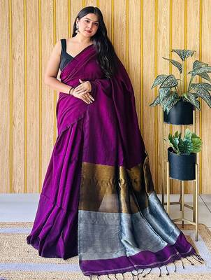 purple cotton blend saree with blouse piece 1