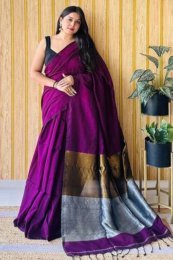 purple cotton blend saree with blouse piece