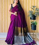 purple cotton blend saree with blouse piece