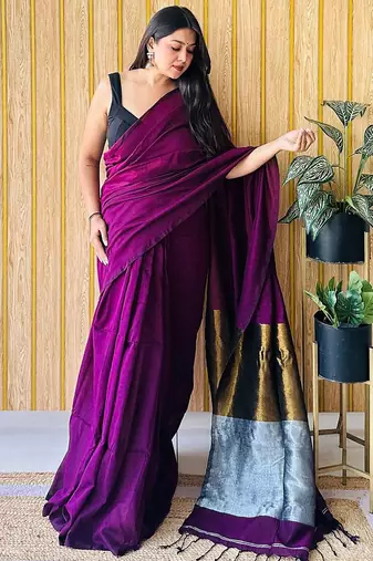 purple cotton blend saree with blouse piece