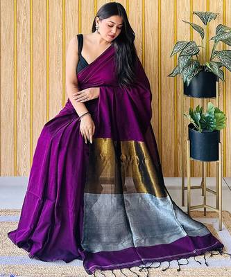 purple cotton blend saree with blouse piece 3