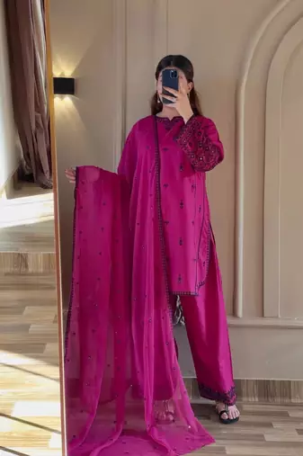 Rani-pink cotton poly embroidered farshi salwar set