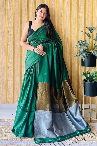 green cotton blend plain saree