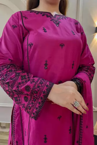 Rani-pink cotton poly embroidered farshi salwar set