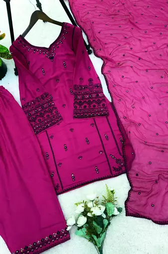 Rani-pink cotton poly embroidered farshi salwar set
