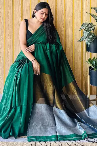 green cotton blend plain saree