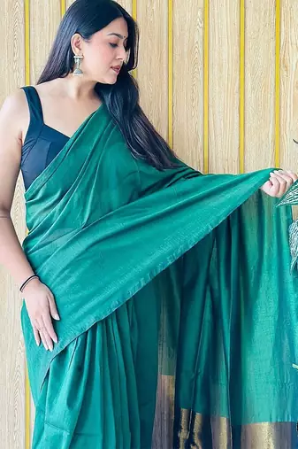 green cotton blend plain saree