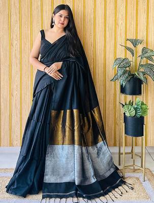 black women solid cotton blend khadi saree 1