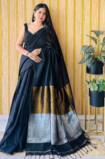 black women solid cotton blend khadi saree