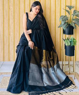 black women solid cotton blend khadi saree 3