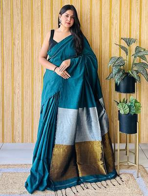 teal cotton blend khadi saree 1