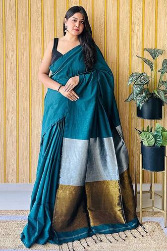teal cotton blend khadi saree