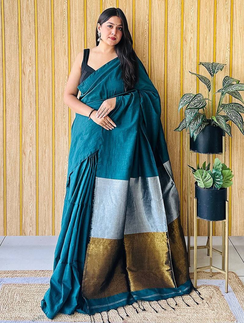 teal cotton blend khadi saree