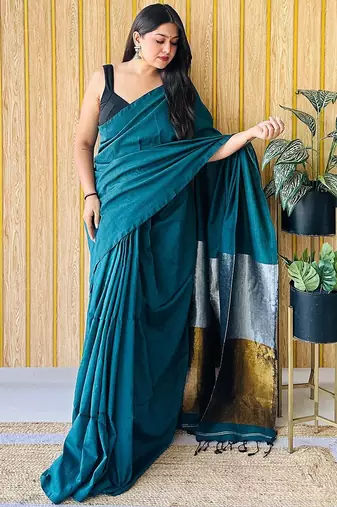 teal cotton blend khadi saree