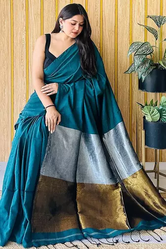 teal cotton blend khadi saree