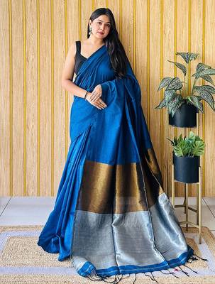 teal cotton blend saree with blouse piece 1
