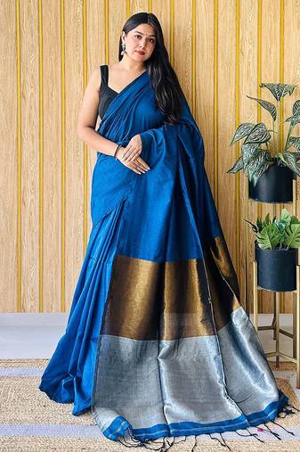 teal cotton blend saree with blouse piece