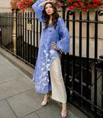 Blue silk blend embroidered kurta set