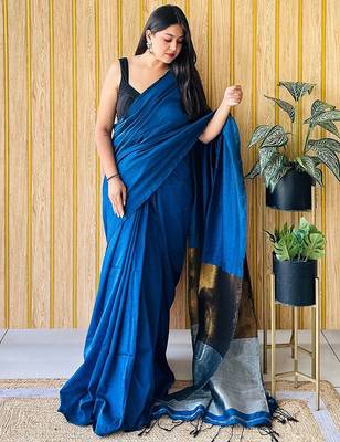 teal cotton blend saree with blouse piece 2