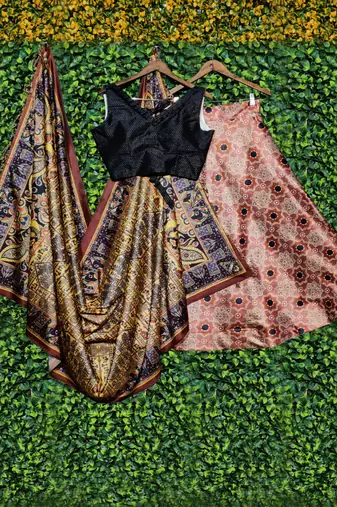 brown satin  lehenga choli with ajrakh print