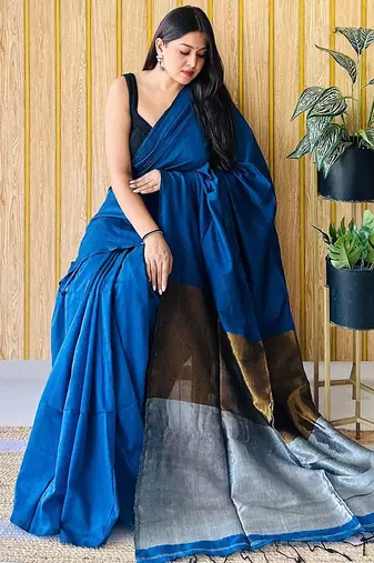 teal cotton blend saree with blouse piece
