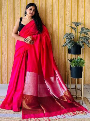pink cotton blend khadi saree with blouse 1