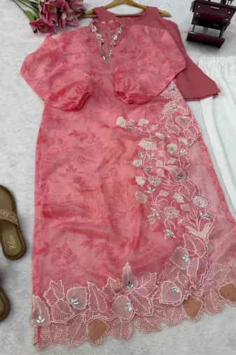 Pink organza embroidered kurta set