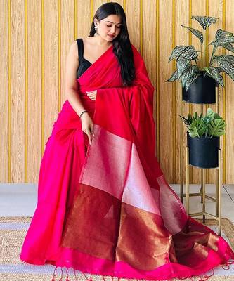 pink cotton blend khadi saree with blouse 3
