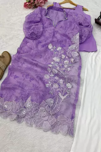 Purple organza embroidered kurta set