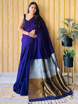 blue colourblocked solid cotton blend saree 1