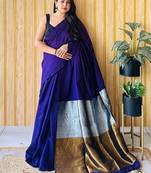 blue colourblocked solid cotton blend saree