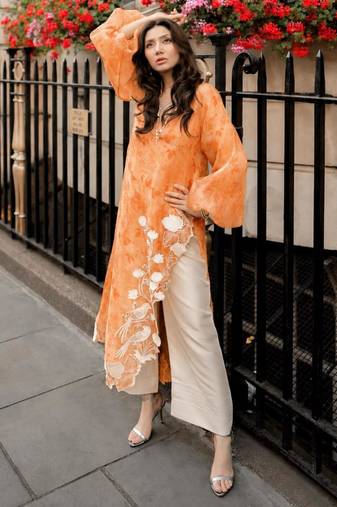 Orange organza embroidered kurta set