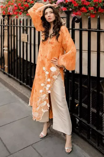 Orange organza embroidered kurta set