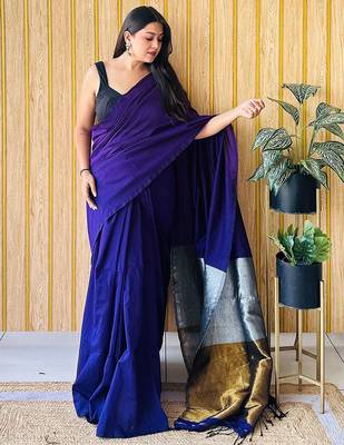 blue colourblocked solid cotton blend saree 2