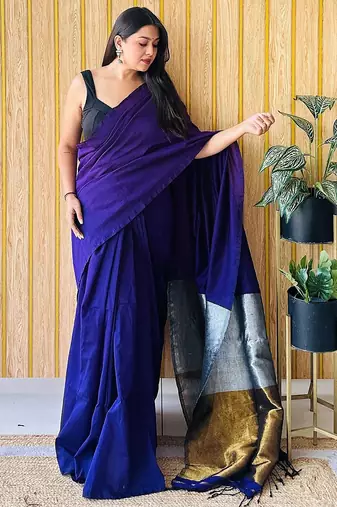 blue colourblocked solid cotton blend saree