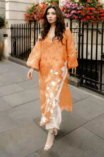 Orange organza embroidered kurta set