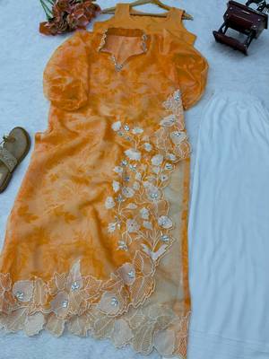 Orange organza embroidered kurta set 3