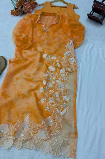 Orange organza embroidered kurta set