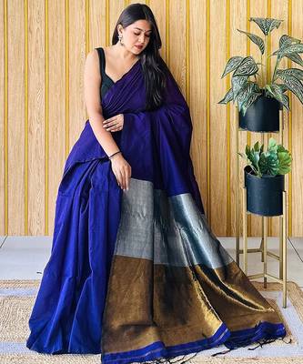 blue colourblocked solid cotton blend saree 3