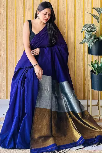 blue colourblocked solid cotton blend saree