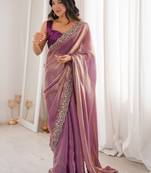 purple satin ethnic embellished party wear matching blouse sarees