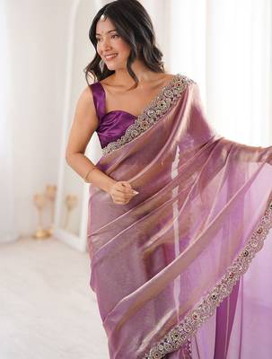 purple satin ethnic embellished party wear matching blouse sarees 2