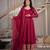 Red silk blend embroidered flared gown set