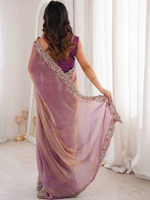 purple satin ethnic embellished party wear matching blouse sarees 3