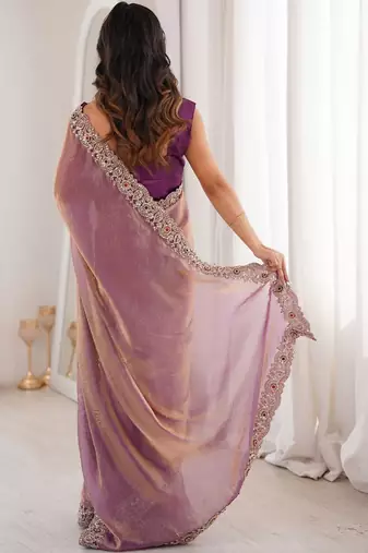purple satin ethnic embellished party wear matching blouse sarees