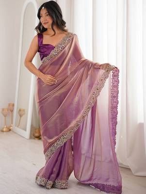 purple satin ethnic embellished party wear matching blouse sarees 4
