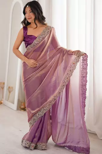 purple satin ethnic embellished party wear matching blouse sarees