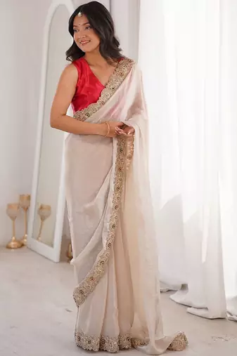 off white off white satin ethnic embellished party wear matching blouse sarees