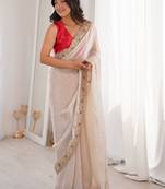 off white off white satin ethnic embellished party wear matching blouse sarees