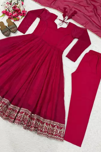 Red silk blend embroidered flared gown set